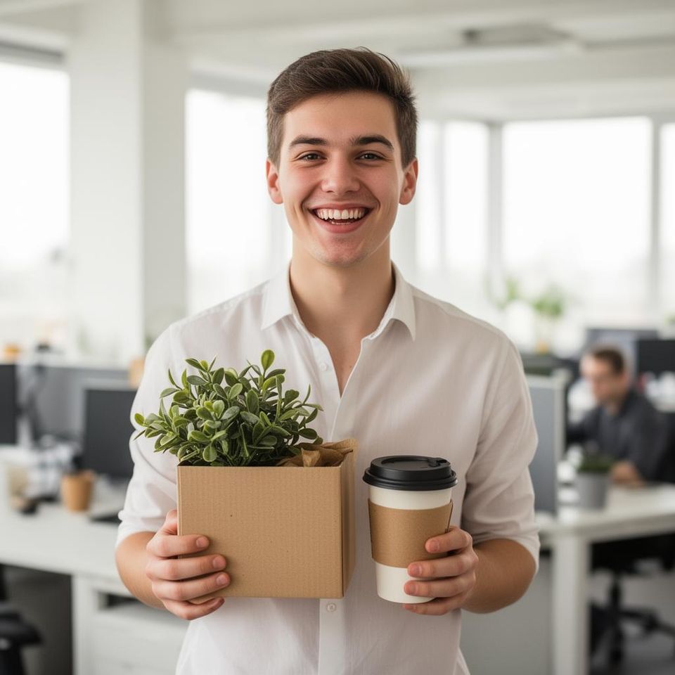 Une collègue souriante avec un carton contenant une plante et un mug à donner