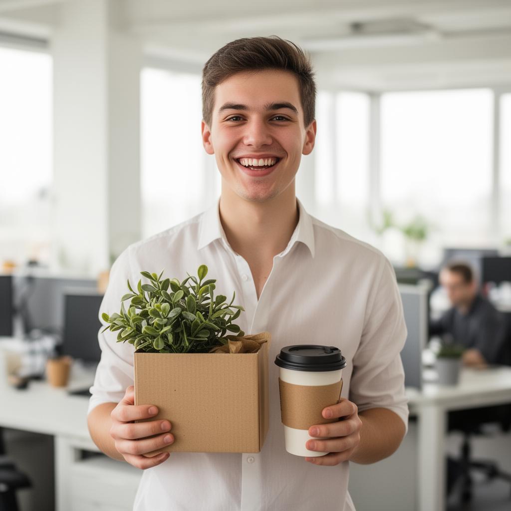 Une collègue souriante avec un carton contenant une plante et un mug à donner